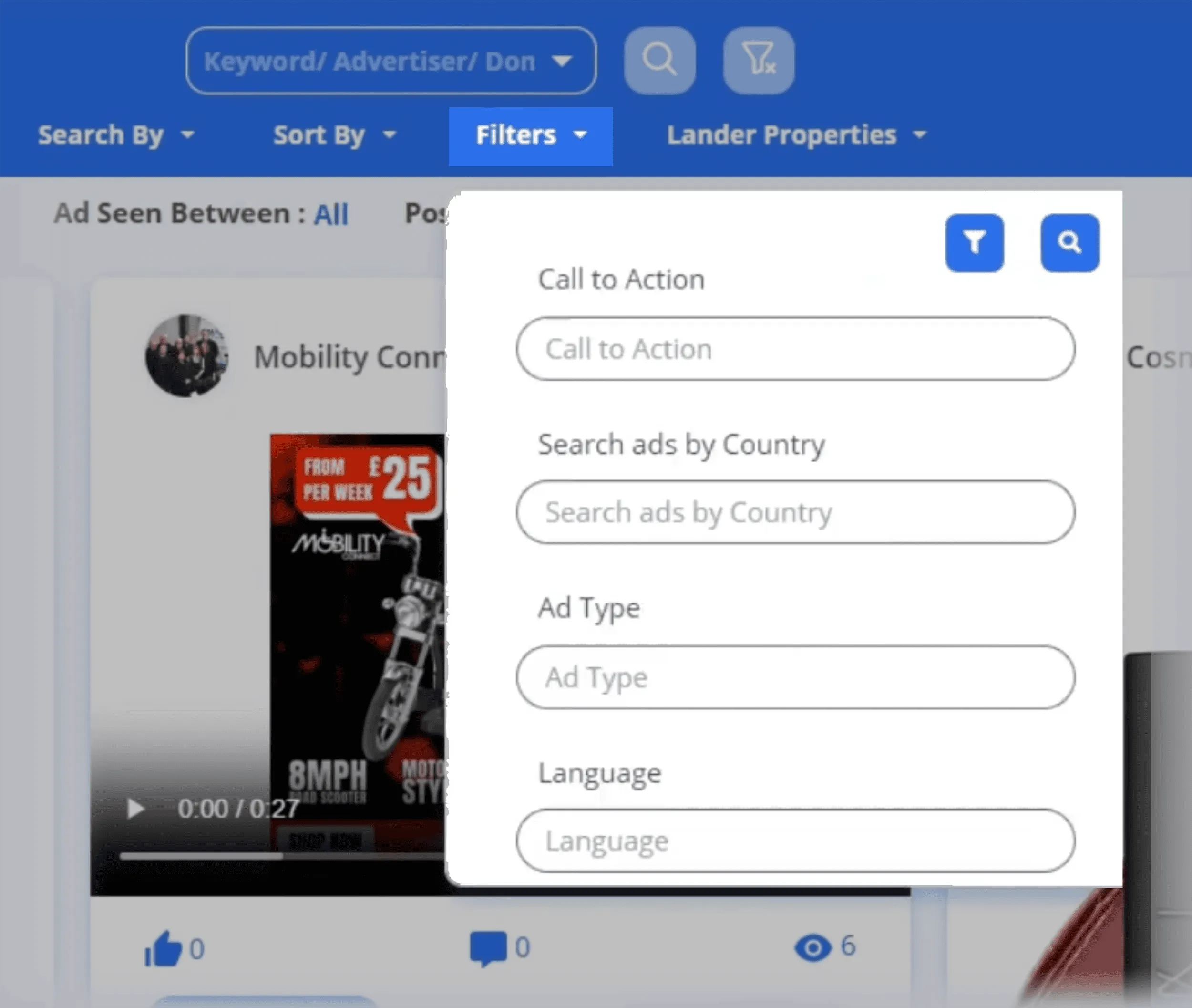 PowerAdSpy 仪表盘与广告库界面